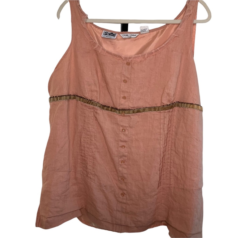 Nikki Valenti Irish Linen Top Size 18 Sleeveless pale orange Trim Velvet Sequin